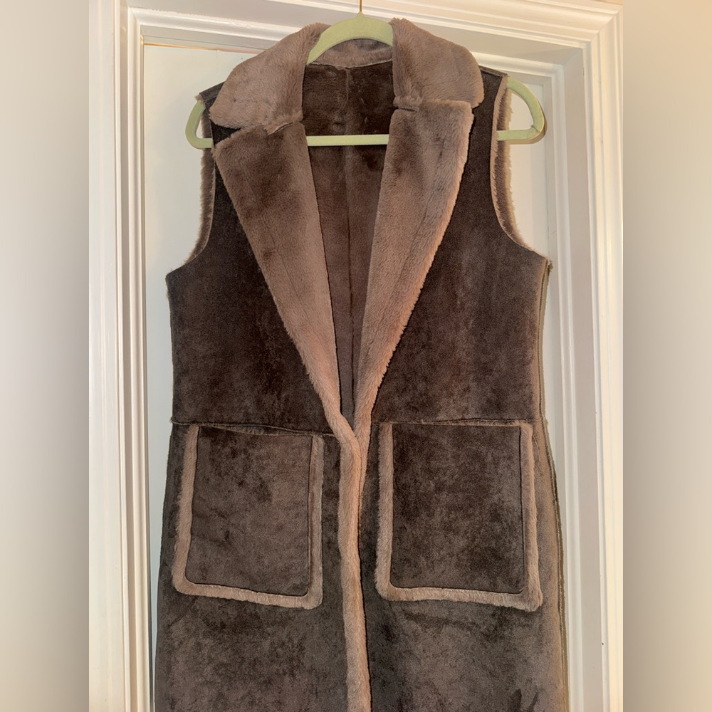 Ralph Lauren Faux Shearling Long Vest – Dark Gray/Light Gray – Chic Layering